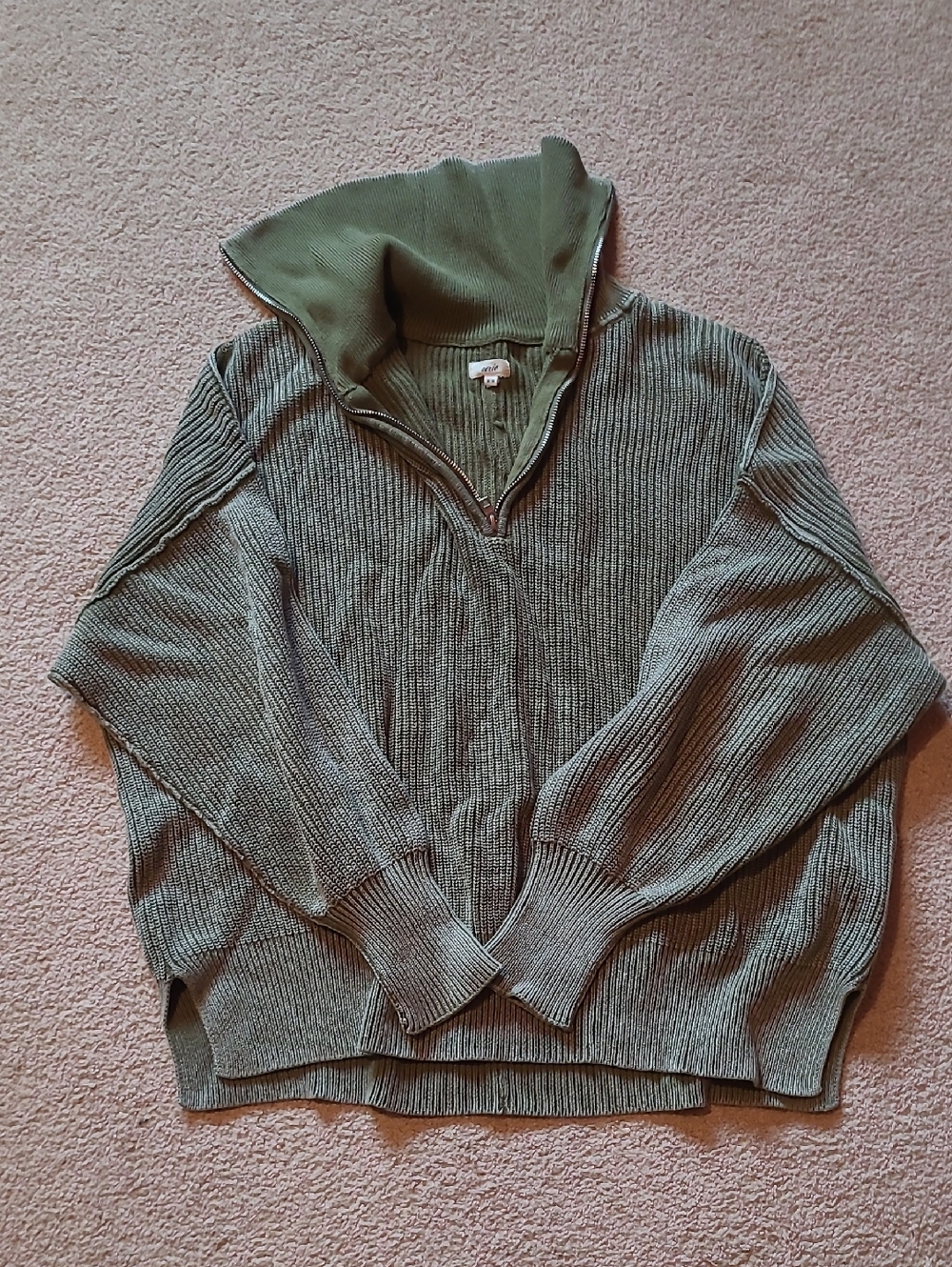 Aerie Ribbed Quarter-Zip Sweater Pullover - Olive Green